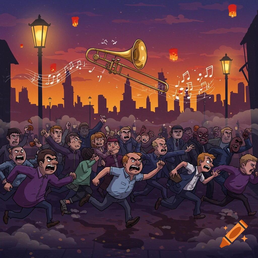 A cartoon angry mob, with exaggerated expressions, runs down a street at dusk, chasing a giant flying trombone with musical notes.