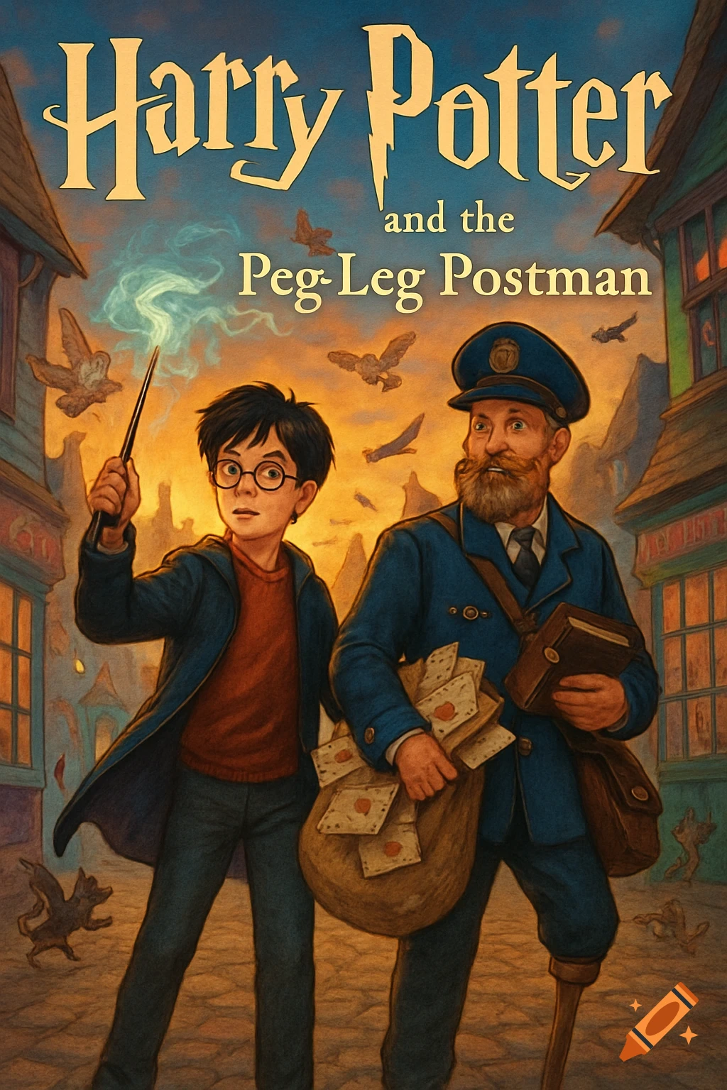 Stylized book cover illustration of Harry Potter casting a spell beside a bearded postman with a peg leg, holding letters.