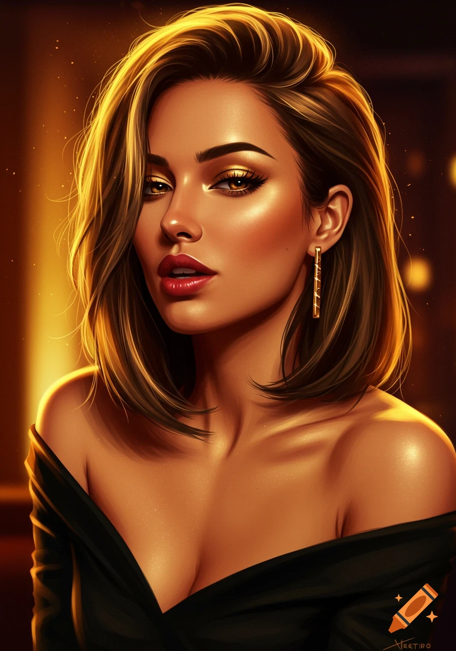 Close-up digital art portrait of a glamorous woman with golden eye makeup, red lips, and a black off-shoulder dress, against a warm, glowing background.