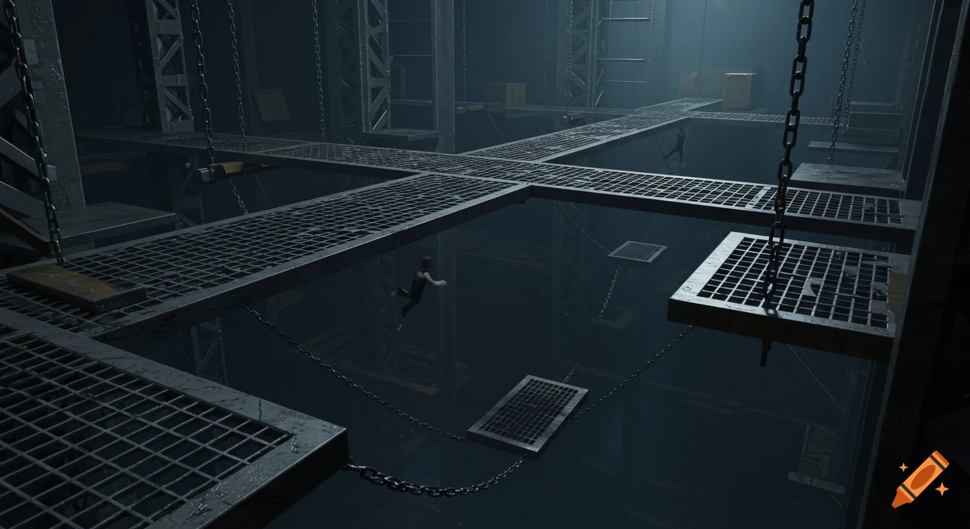 A lone figure floats in a dark abyss beneath suspended metal catwalks and chains in a dystopian industrial facility.