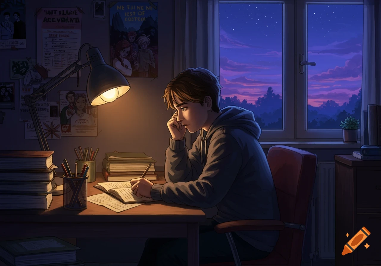 Illustrated image of a teenage boy studying at a desk under a lamp, writing in a book, with a starry night sky visible through the window.
