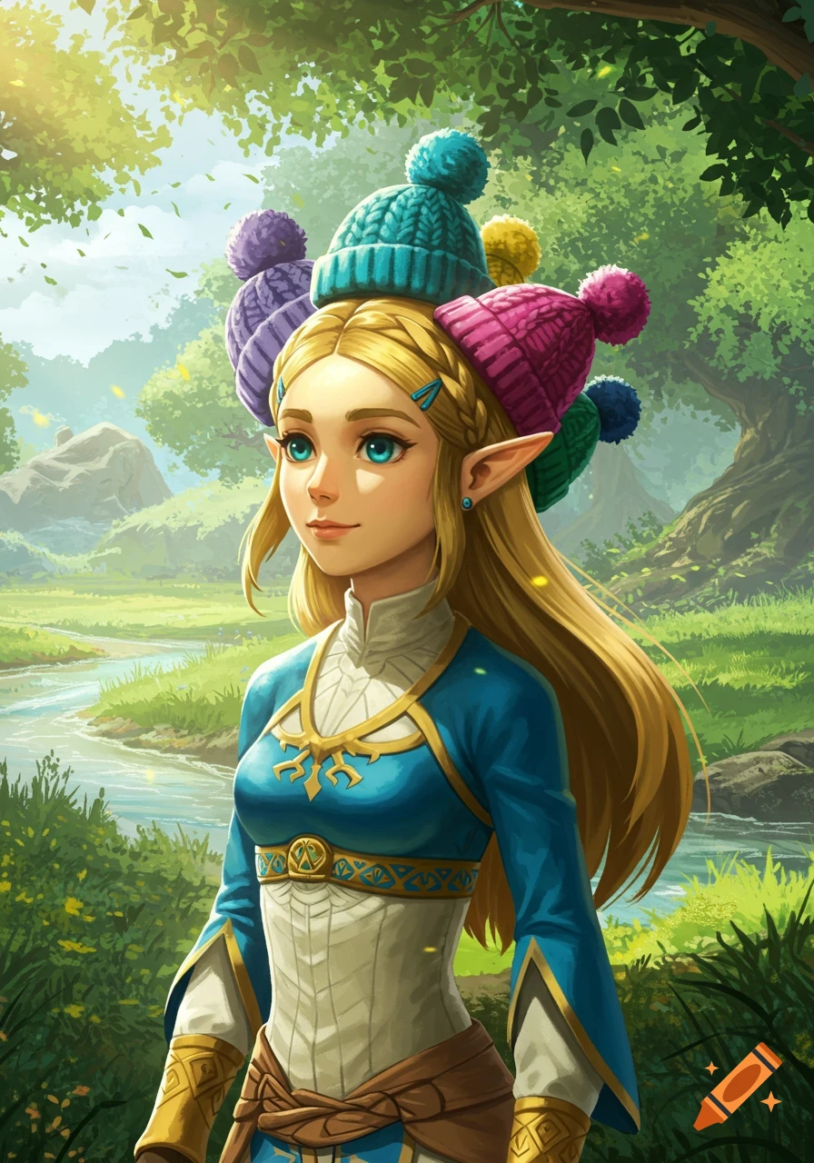 Fantasy illustration of Princess Zelda from Breath of the Wild, wearing multiple colorful beanies in a sunlit forest.