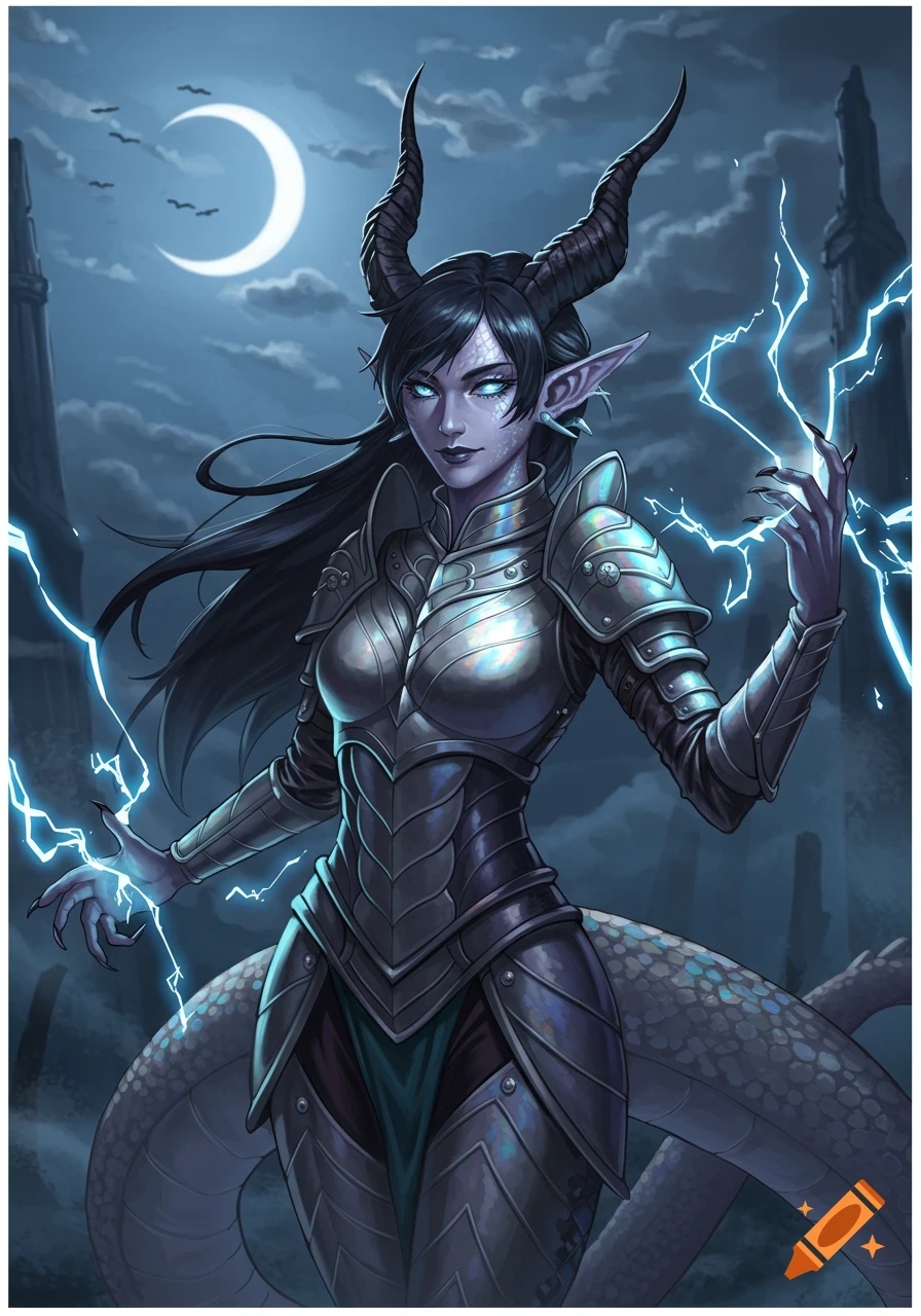 An armored anime dragon woman with dark horns, glowing eyes, and a scaled face, wielding lightning under a crescent moon in a dark fantasy landscape.