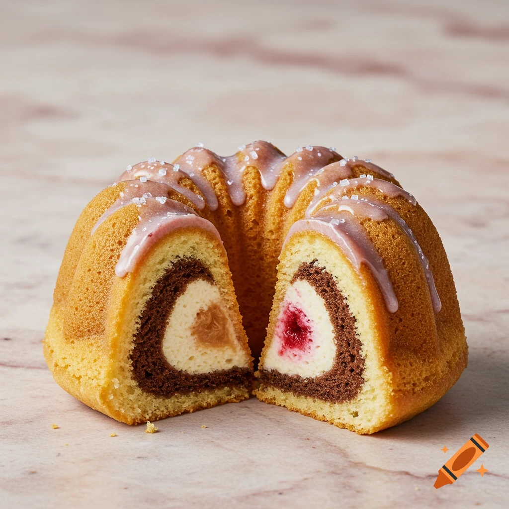 A sliced bundt cake showing golden sponge, dark cocoa, white cream, and fruit/caramel fillings, topped with pink glaze and sugar crystals.