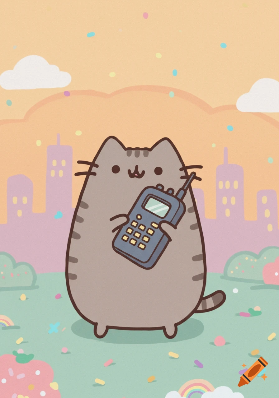 A cute cartoon Pusheen cat holds a blue walkie-talkie while standing in a colorful park with a city skyline in the background.