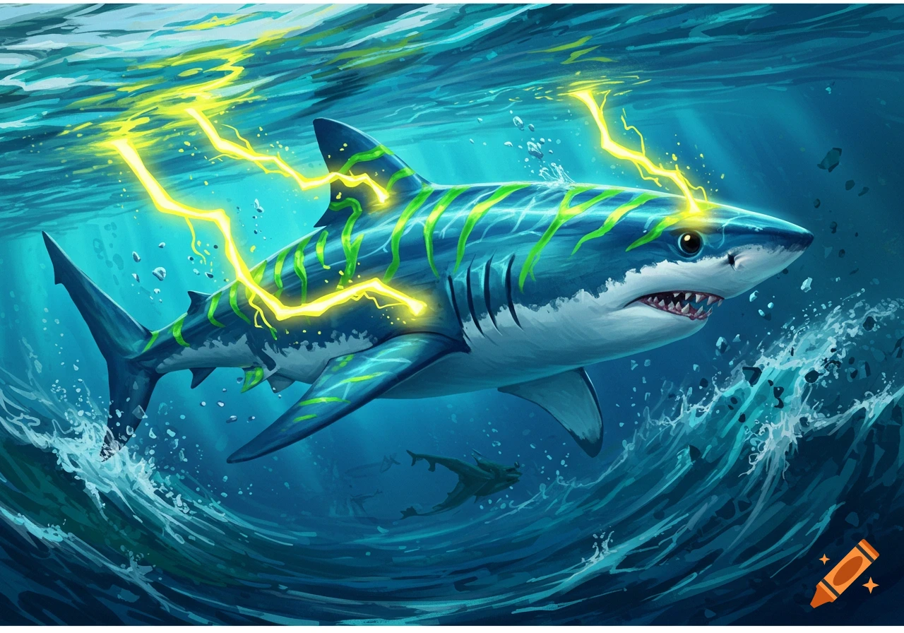 A vibrant digital painting of a blue shark with green bioluminescent stripes and yellow lightning bolts, swimming rapidly underwater.