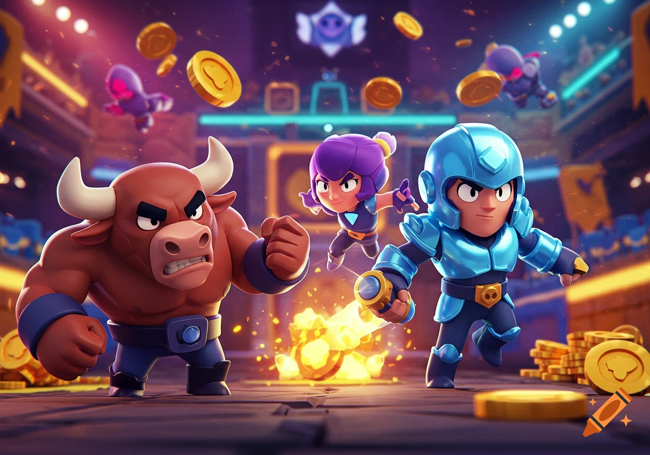 Three stylized video game characters, including a red bull, a purple-haired girl, and a blue armored person, in a vibrant arena with gold coins.