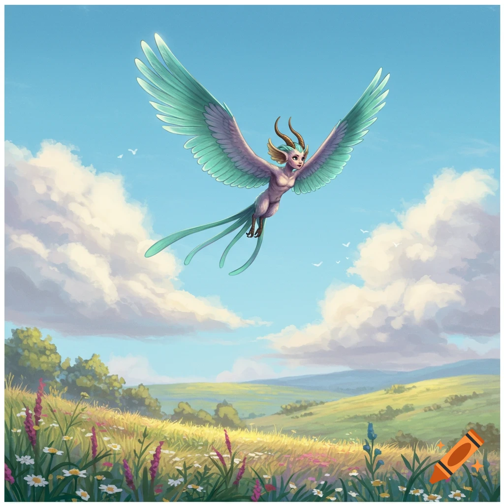 A fantasy harpy-like creature with large light green wings flies over a vibrant wildflower meadow under a blue sky.