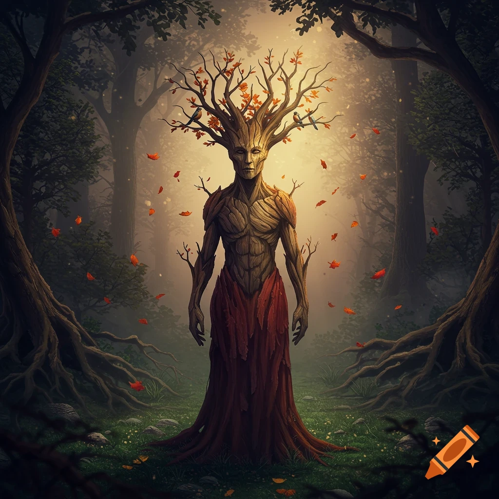 A majestic humanoid tree creature with autumn branches and leaves for hair stands in a misty forest, surrounded by falling red leaves.