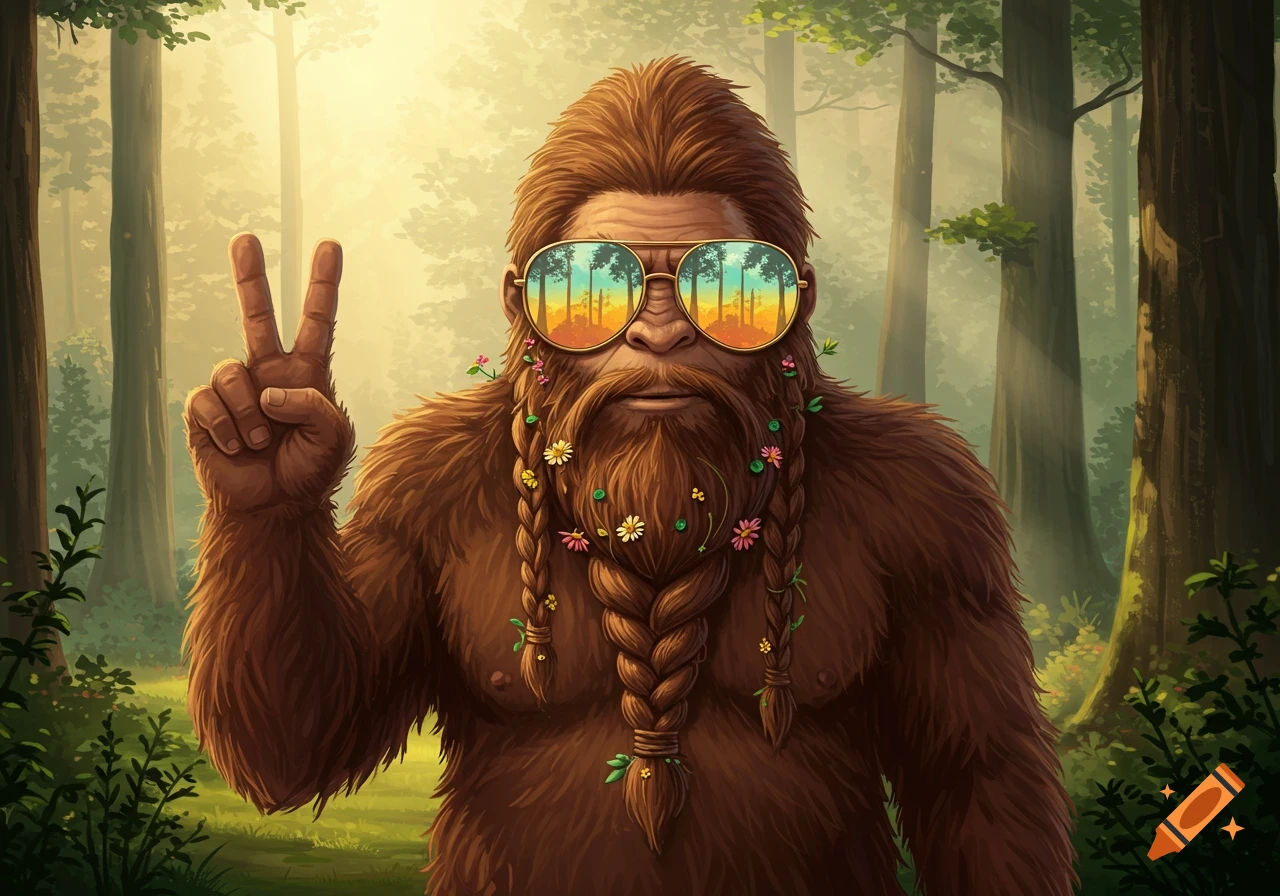 A friendly, hairy Bigfoot wearing reflective sunglasses and a braided beard adorned with flowers, making a peace sign in a sunny forest.