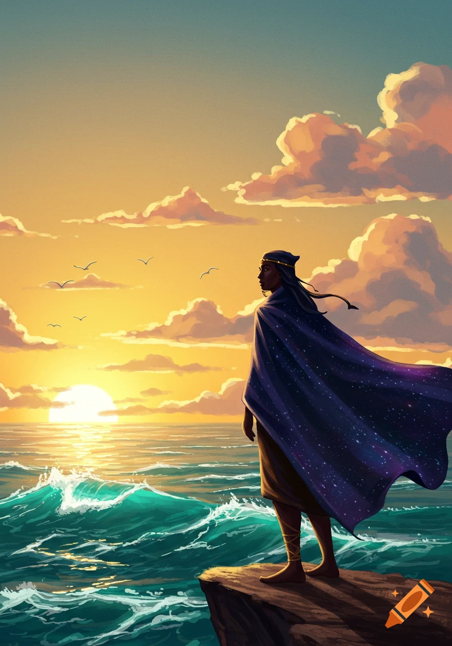 An illustrative image of a figure in a starry cape standing on a cliff, gazing at a vibrant ocean sunset with waves and seagulls.