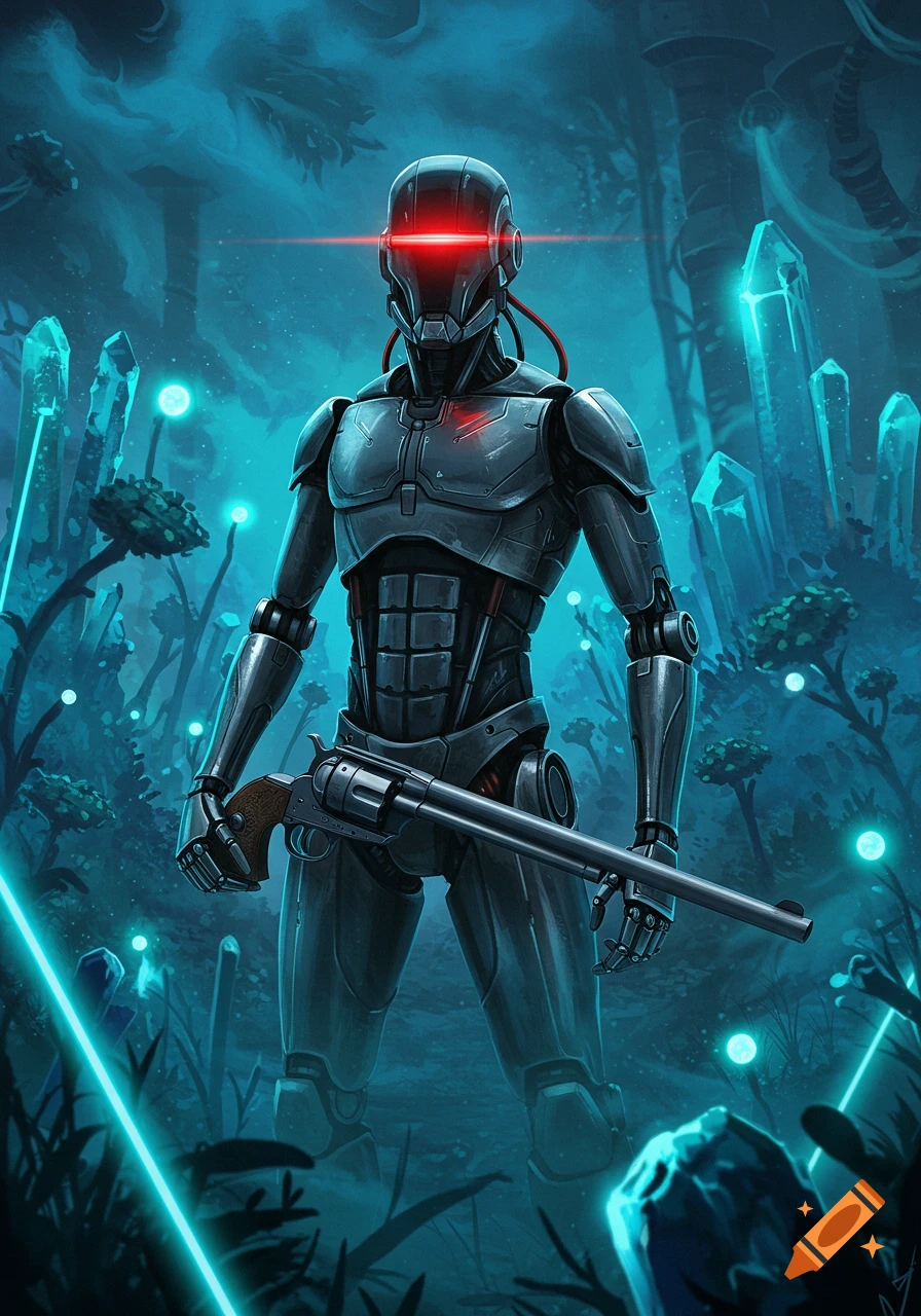 A science fantasy robot with glowing red eyes stands in a vibrant blue alien landscape, holding a revolver, digital art.