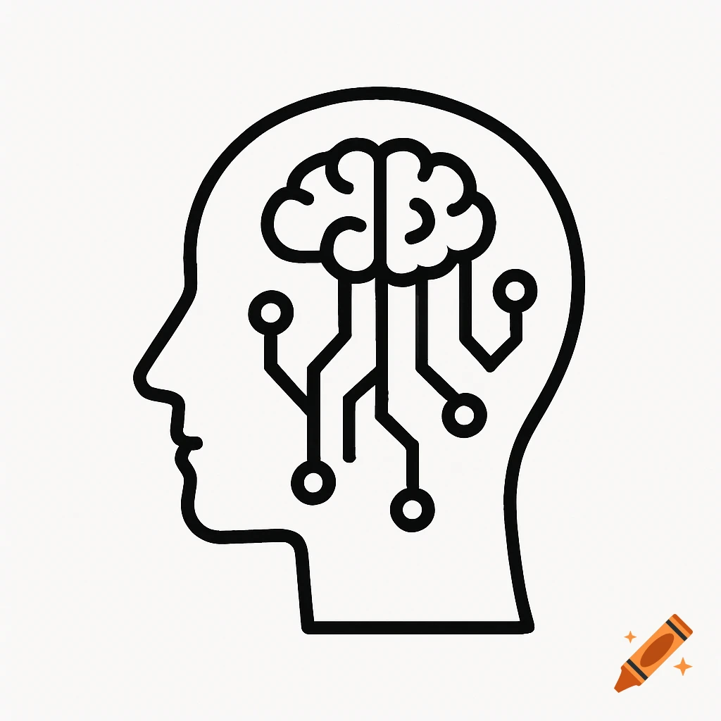Minimalist black and white line art icon of a human head with a circuit board brain, symbolizing AI.