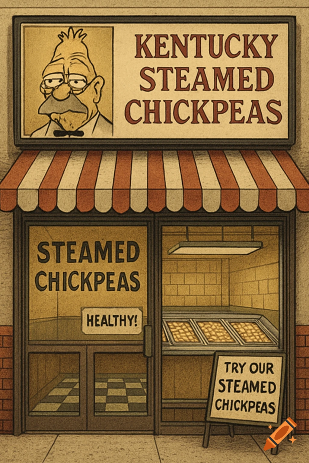 Cartoon storefront for 'Kentucky Steamed Chickpeas' with a Grampa Simpson caricature as the logo.