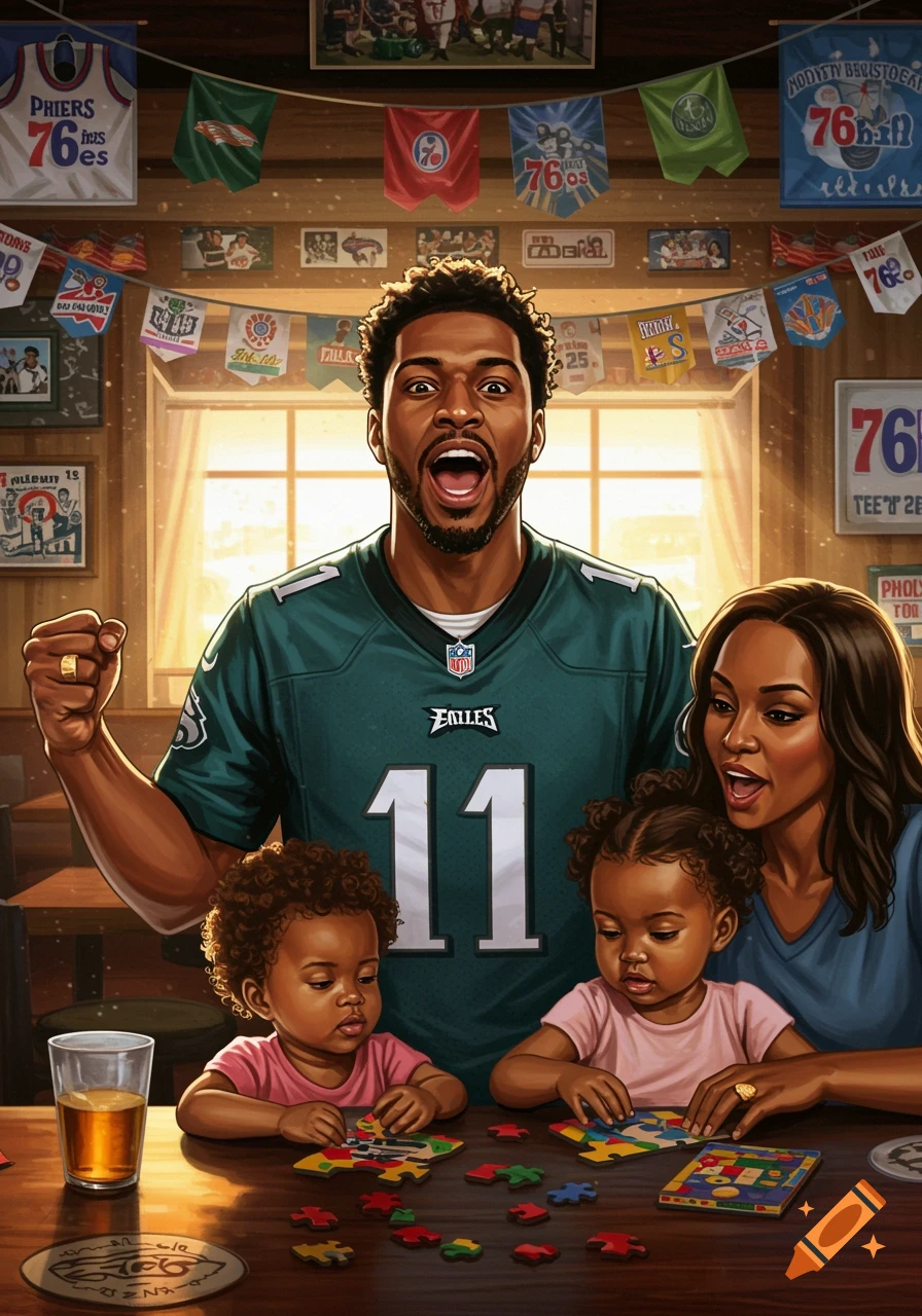 An enthusiastic African American man in an Eagles jersey with his wife and two baby girls playing with puzzles in a room decorated with sports team banners. A glass of beer sits on the table.