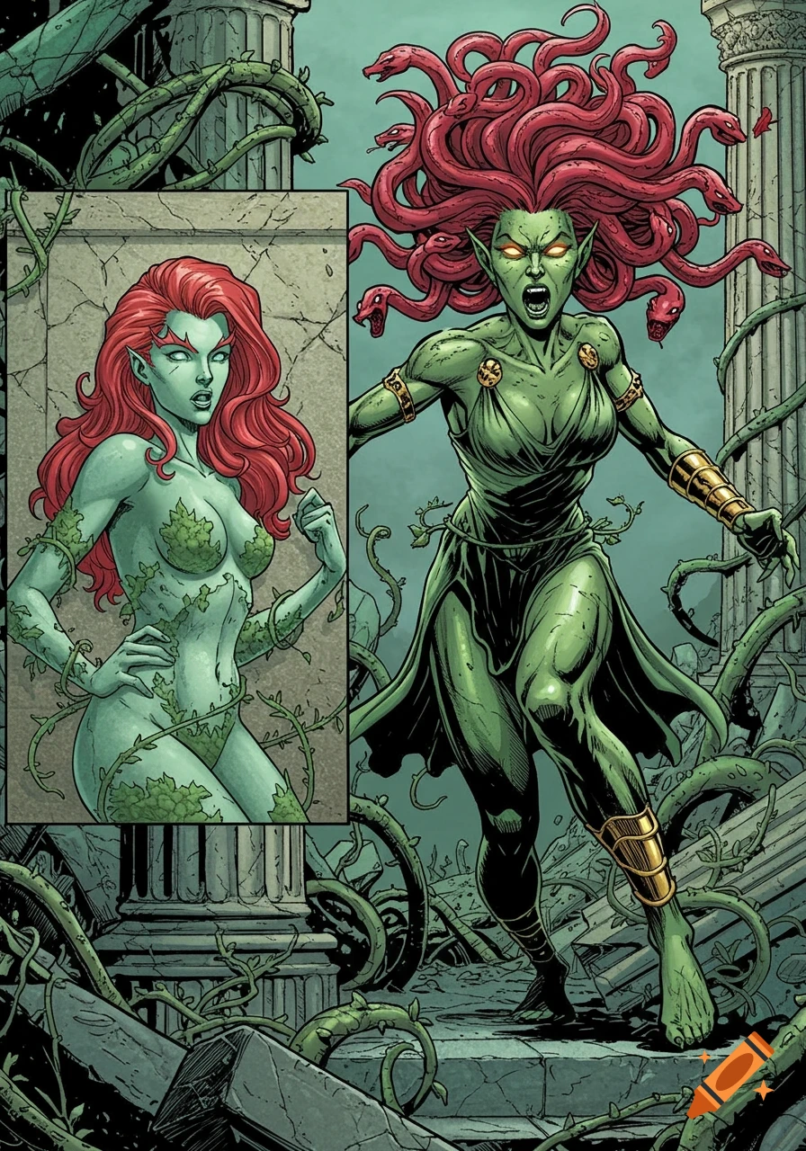 Comic book panel of an angry, green-skinned Medusa with red snake hair and gold armbands, lunging past a green-skinned Poison Ivy with red hair, in a ruined, vine-covered setting.