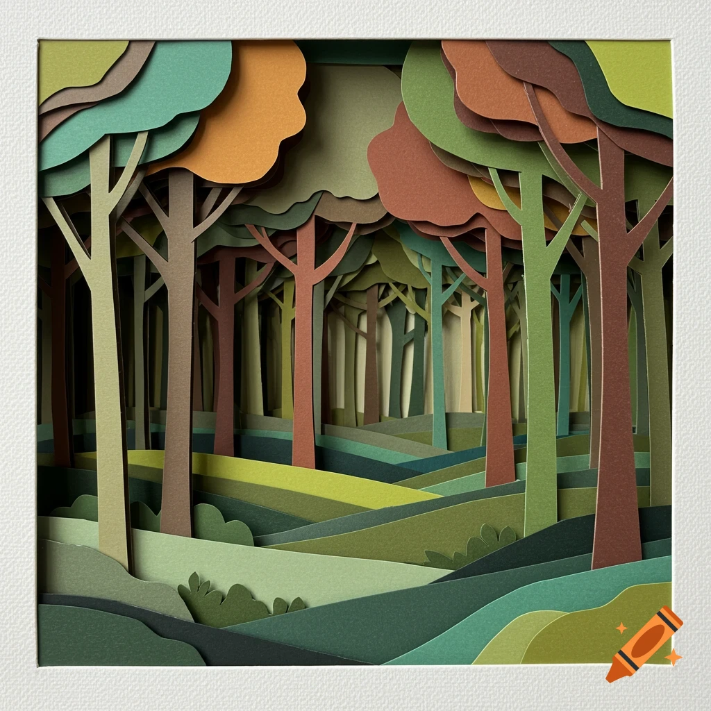 Layered paper cut-out collage of a forest with colorful trees and rolling hills, evoking a handmade craft.