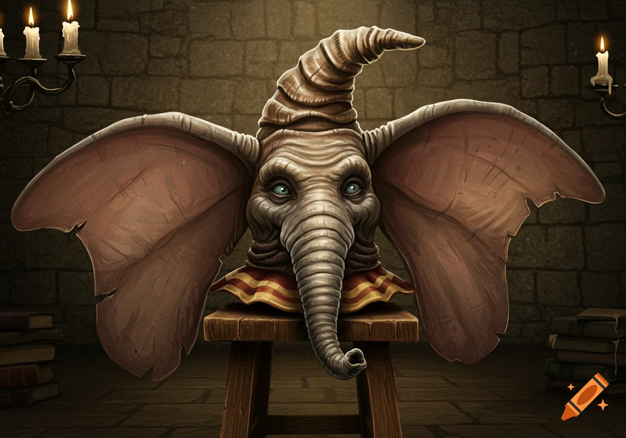 A stylized, wrinkled elephant head resembling a wizard's sorting hat with large ears and blue eyes, sitting on a stool in a dark stone room with candles and books.