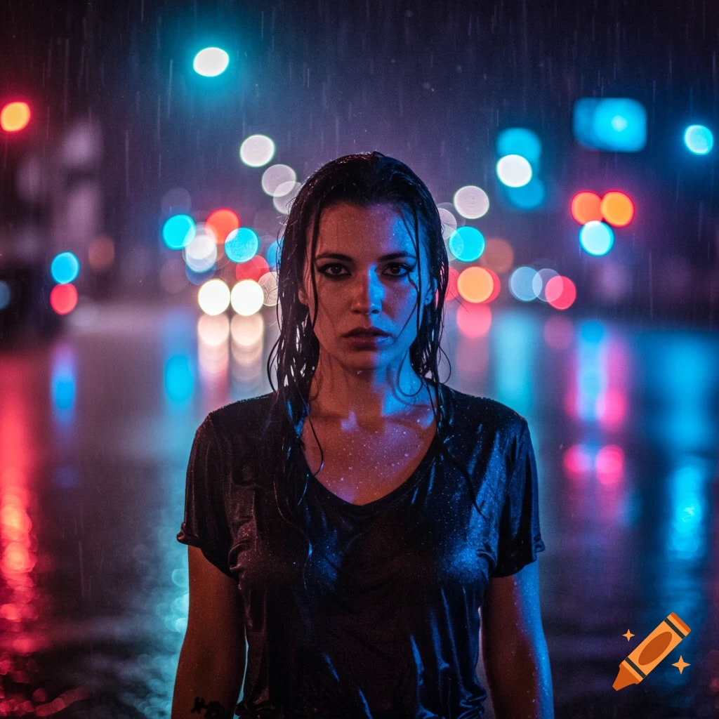 A woman with wet hair and a wet t-shirt stands in the rain at night, with blurred colorful city lights in the background.