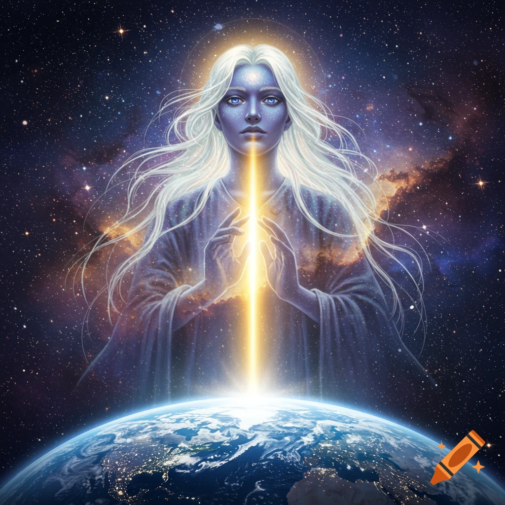 A blue-skinned, white-haired celestial being with a glowing beam between its hands, hovering above Earth in a starry cosmos.