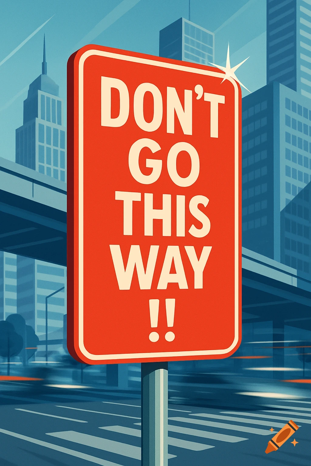 A graphic illustration of a red traffic sign reading 'DON'T GO THIS WAY !!' set against a stylized city background with blurred traffic.