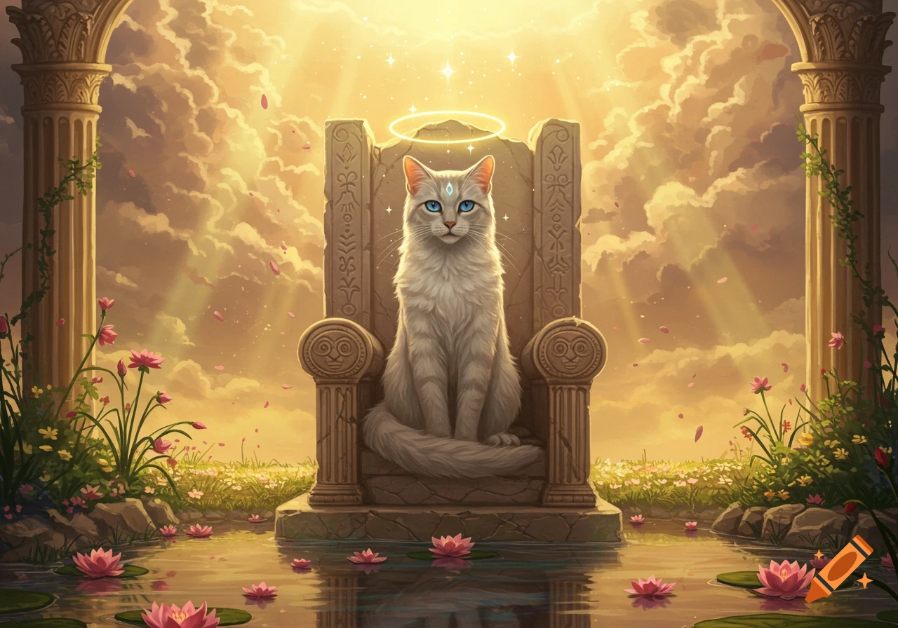 A majestic white cat with a halo sits on an ancient stone throne in a golden fantasy landscape with water lilies and tall pillars.