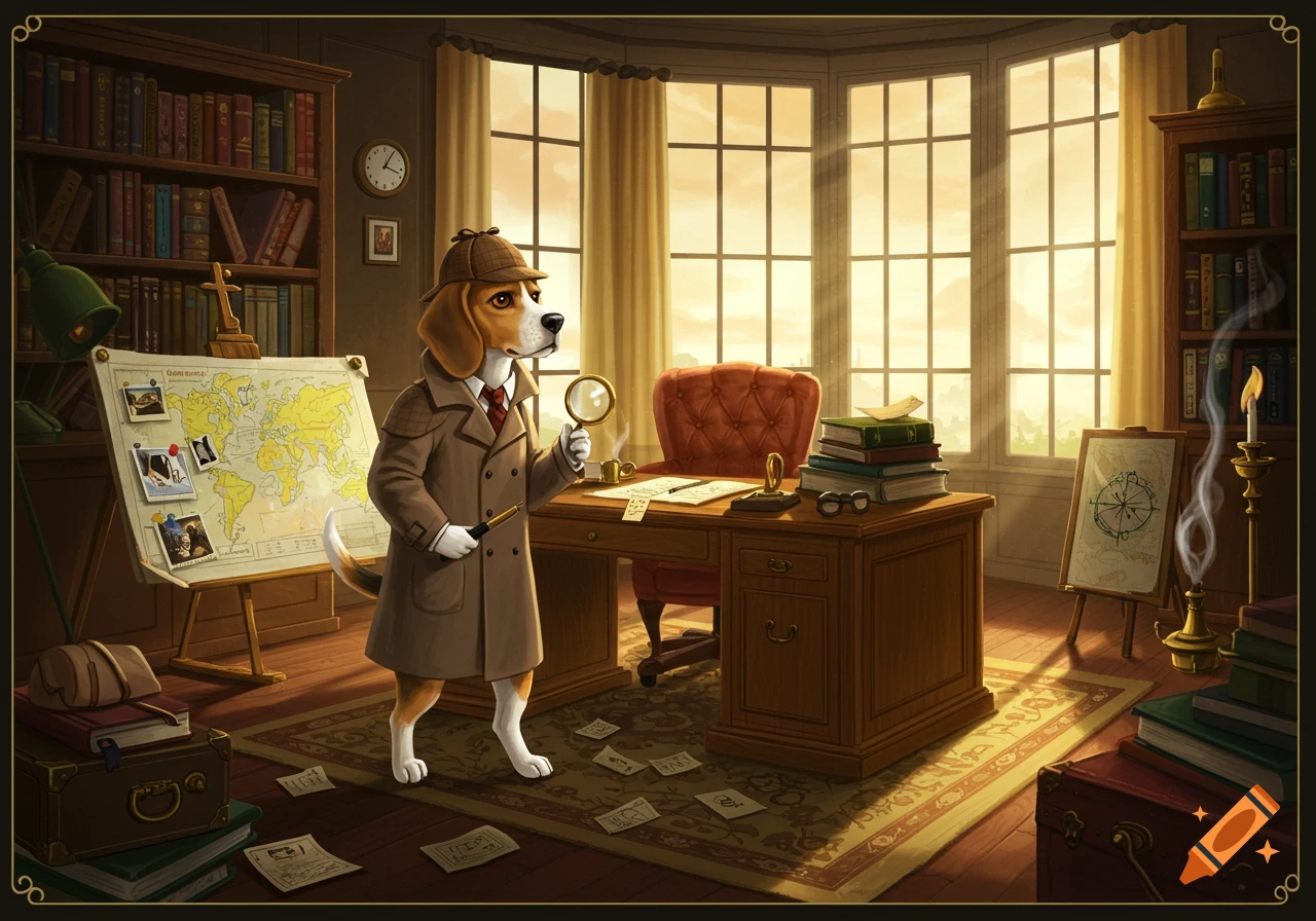 A detailed illustration of an anthropomorphic beagle detective in a brown trench coat and deerstalker hat, holding a magnifying glass in a study with a world map and a desk.
