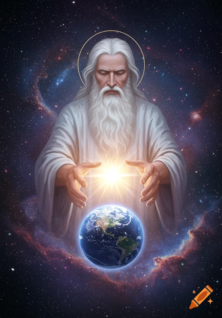 An old man with a long white beard and halo, representing God, holds the Earth between his hands in a starry universe with a bright light.