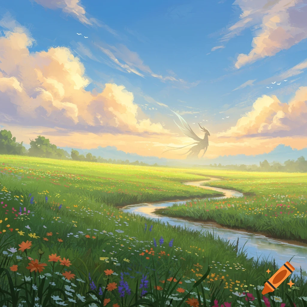 Vibrant field of wildflowers with a winding stream under a sunny, cloudy sky, a majestic winged mythical creature hovers in the distance. Painterly style.
