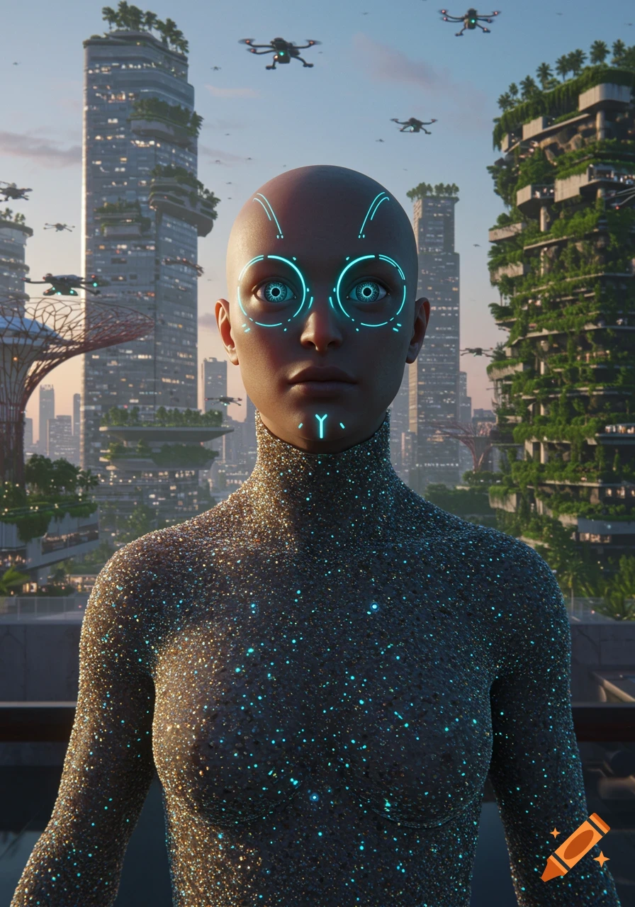 A bald, futuristic person with glowing blue face patterns and a shimmering suit stands in a cityscape with drones and green buildings.