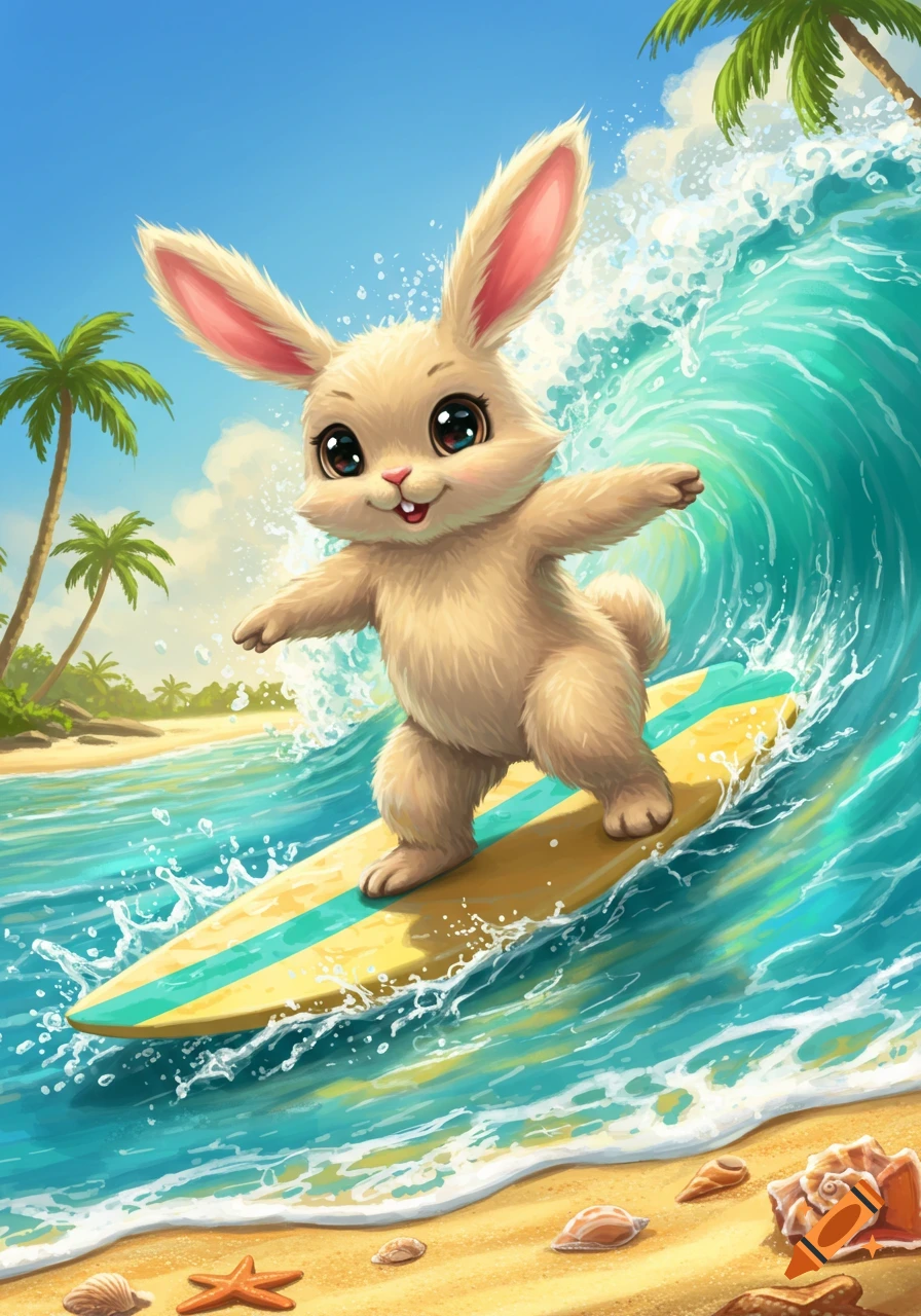 A cute cartoon bunny surfing on a yellow and blue surfboard on a tropical beach with palm trees and ocean waves.