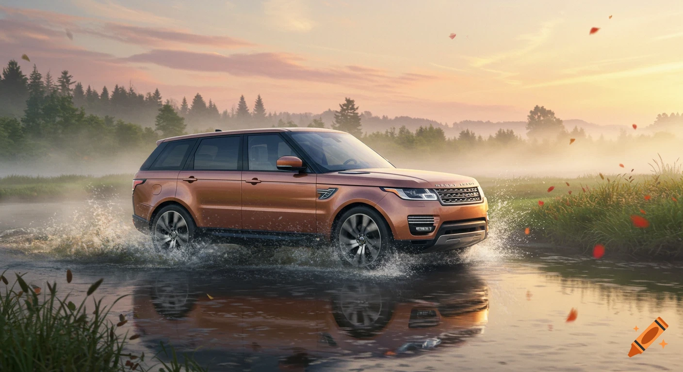 Photorealistic bronze Range Rover driving through a shallow river at sunrise, splashing water.