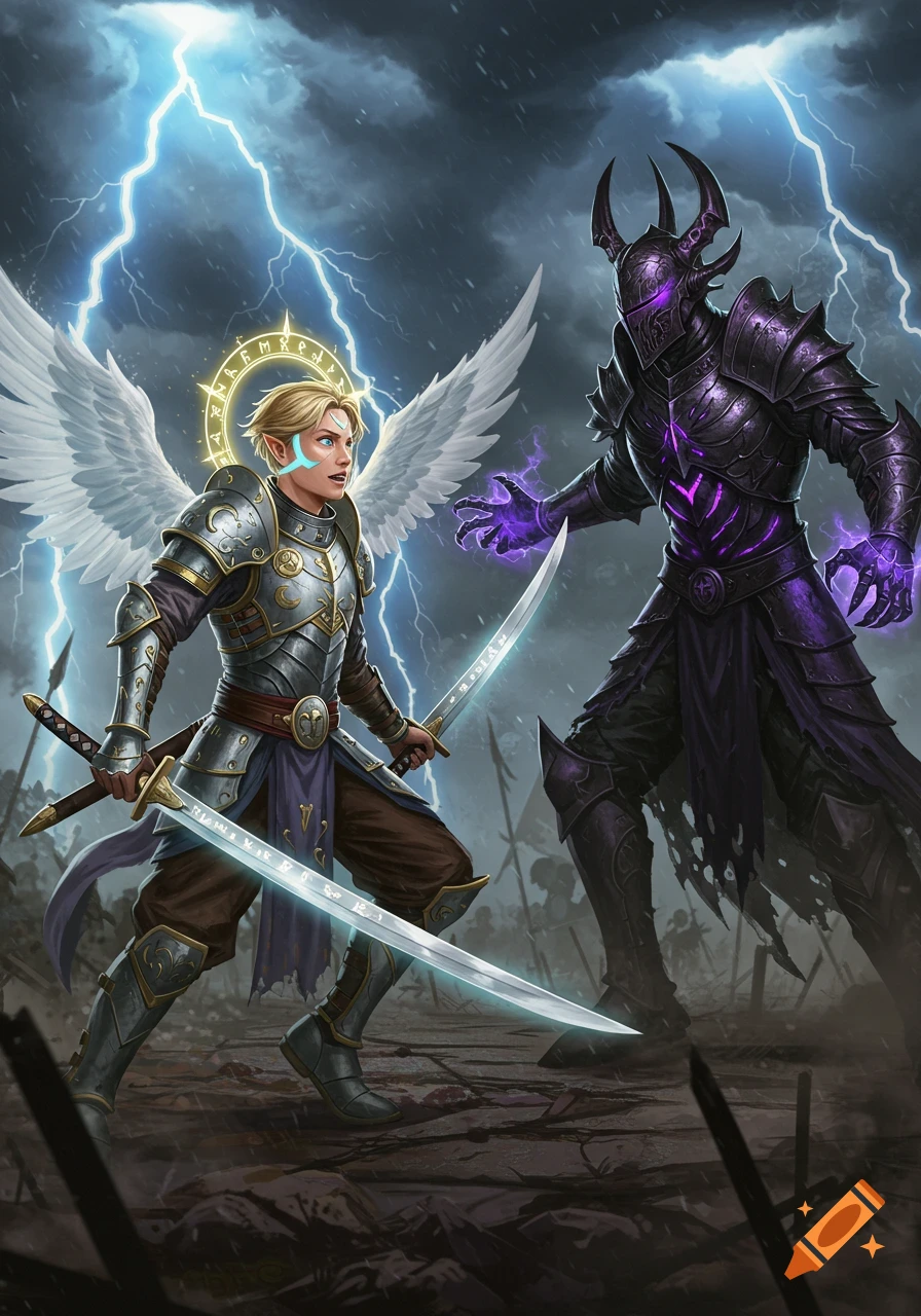 An angelic warrior with white wings and dual katanas faces a dark, armored knight with glowing purple energy, under a stormy, lightning-filled sky.