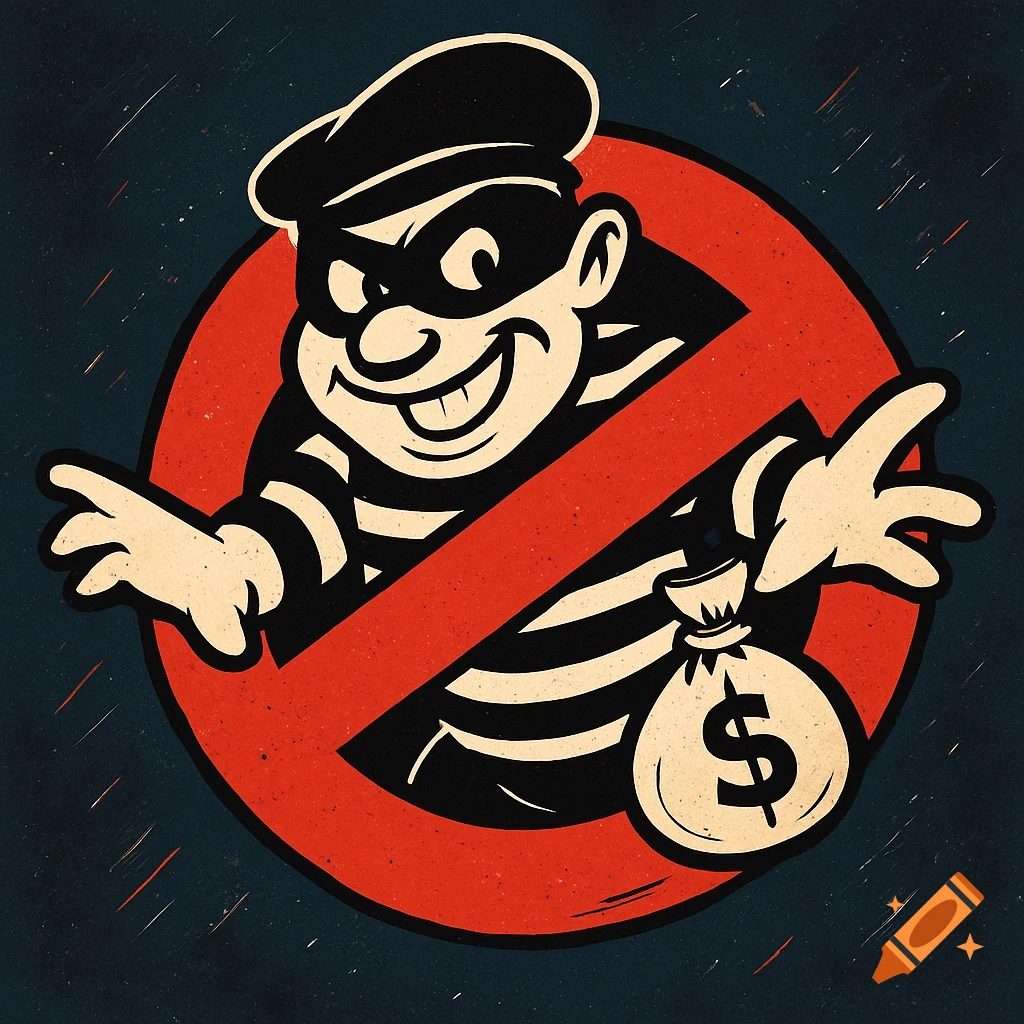 Retro cartoon illustration of a smiling bank robber with a money bag inside a red prohibition symbol, against a dark blue background.