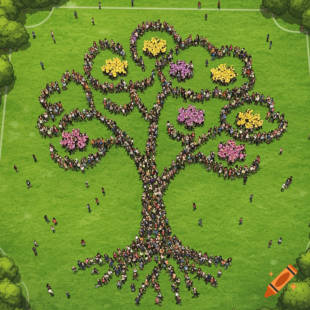 Aerial view of hundreds of people arranged on a green field to form a large tree with colorful flower clusters.
