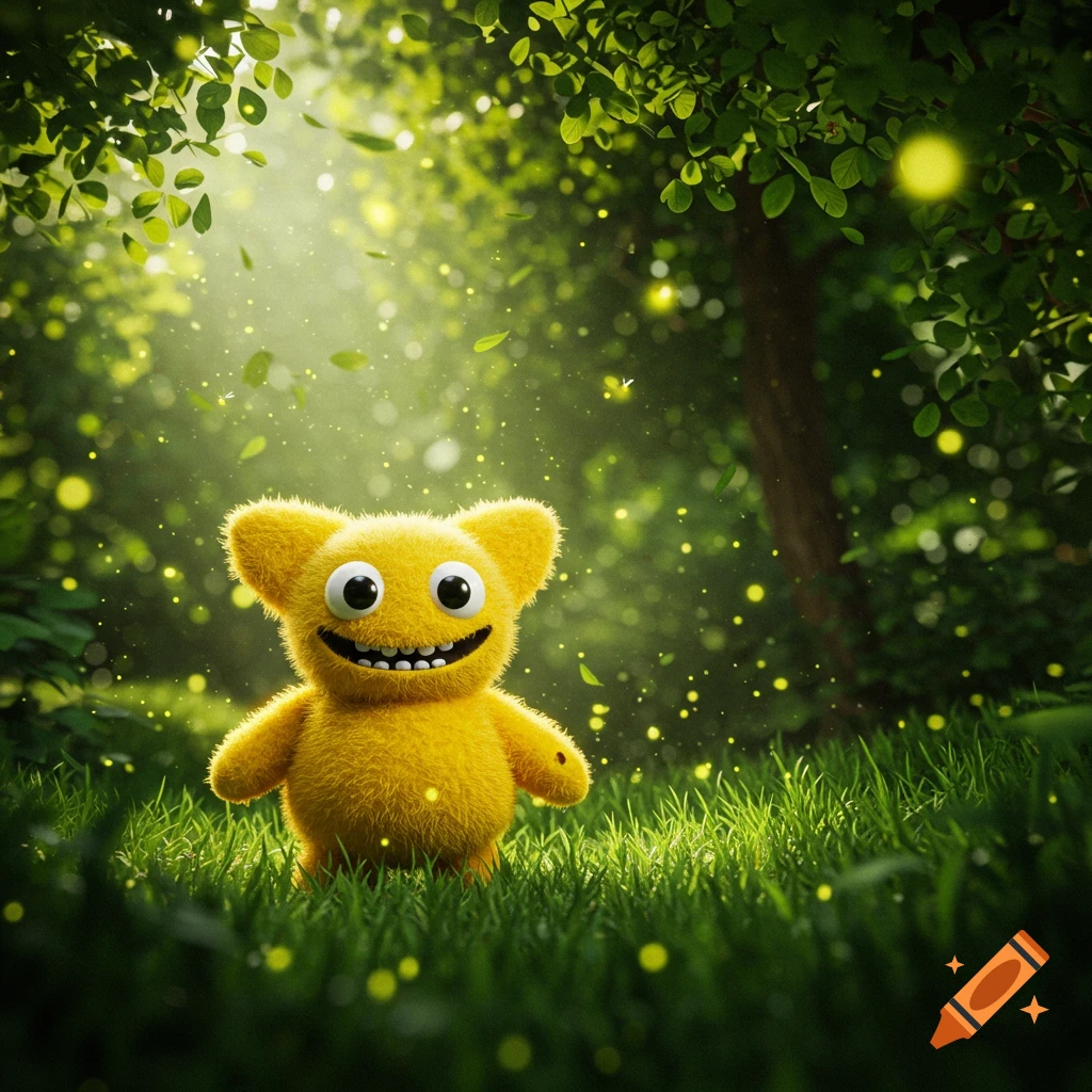 A fluffy yellow monster with large eyes and a wide smile stands in a magical forest with glowing particles.