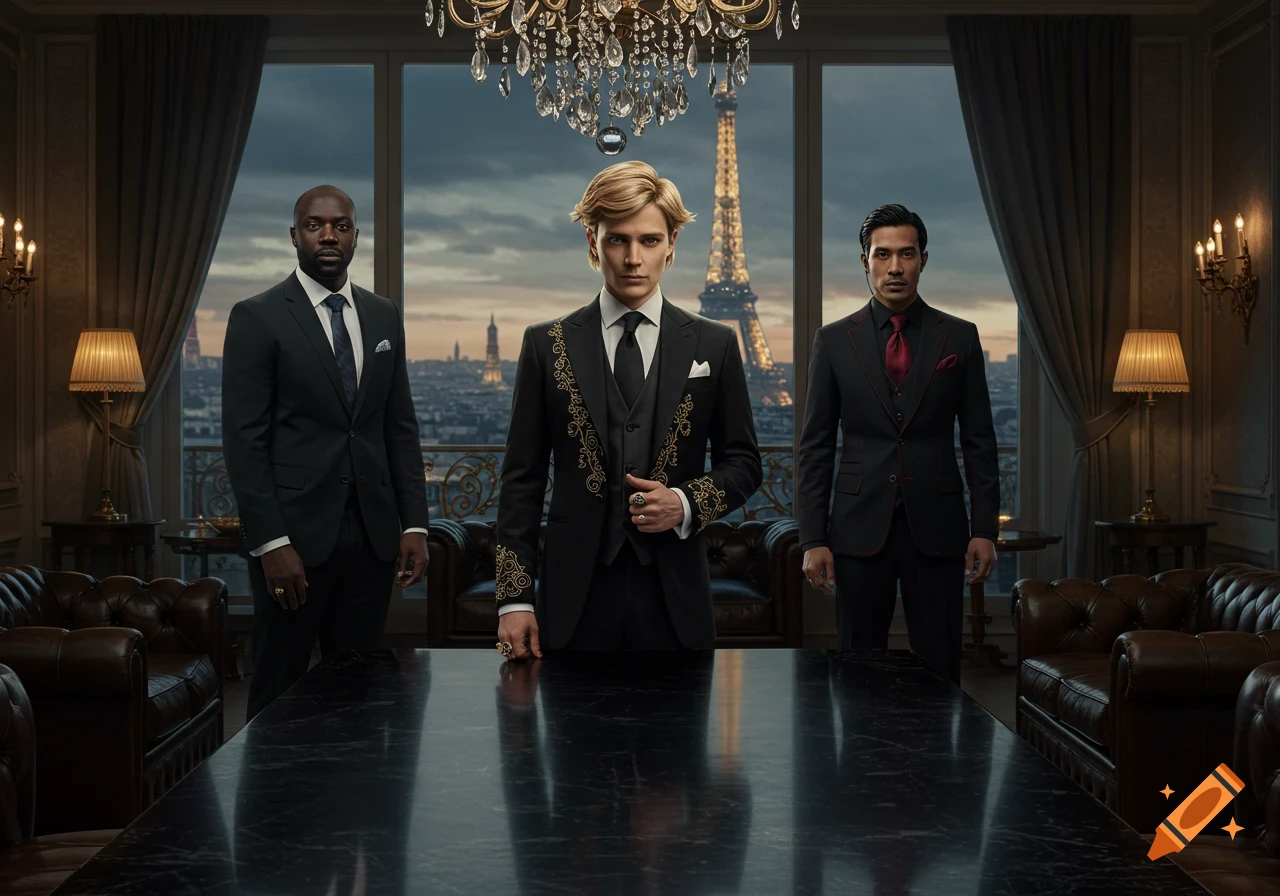 Three men in stylish suits stand in a lavish penthouse with a view of the Paris skyline and the Eiffel Tower.