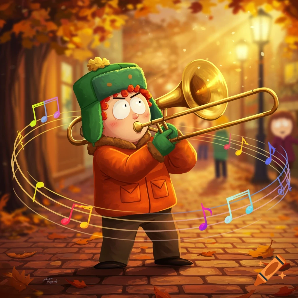 Cartoon of Kyle Broflovski playing a trombone on an autumn street, with musical notes floating around him.