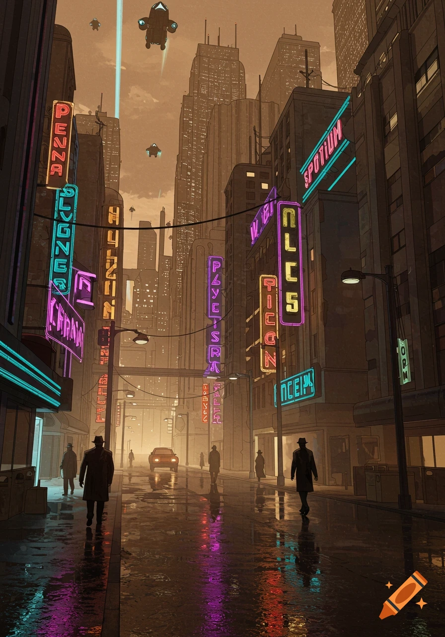 Comic-style cyberpunk city street scene with pedestrians, neon signs, tall buildings, flying vehicles, and wet ground reflecting lights.