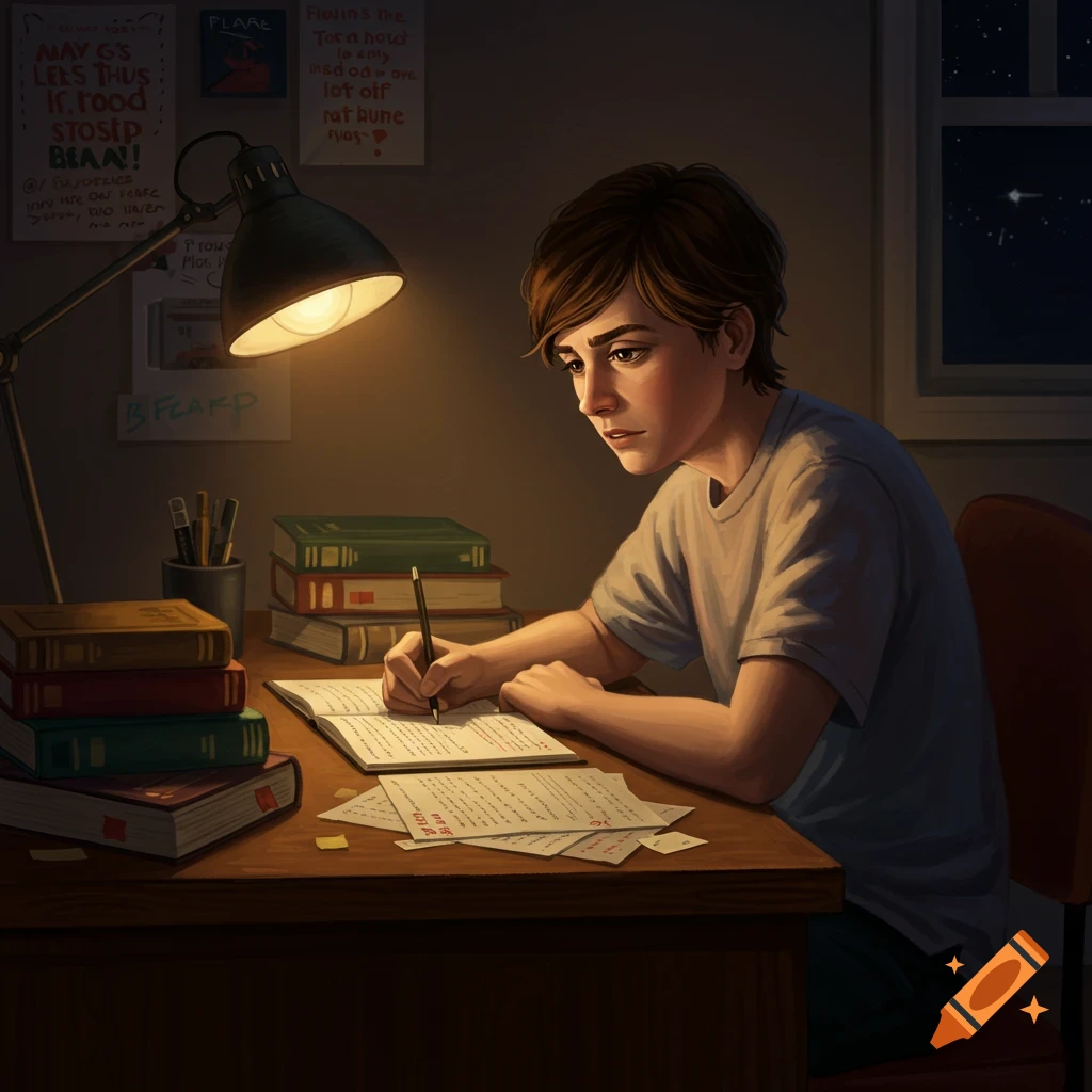 A teenage boy studies late at night at a desk covered with books and papers, illuminated by a desk lamp.