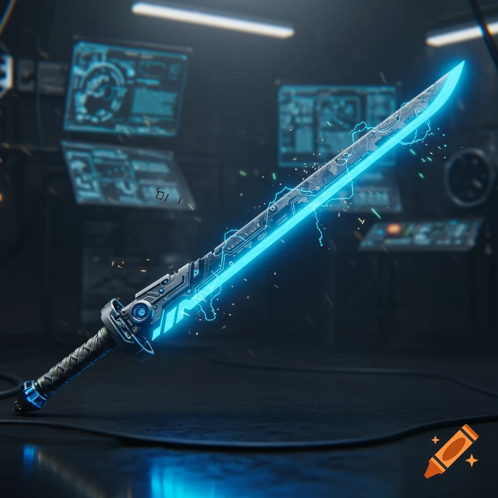 A futuristic cybernetic sword with a glowing blue blade and intricate circuitry, set in a dark, high-tech laboratory.