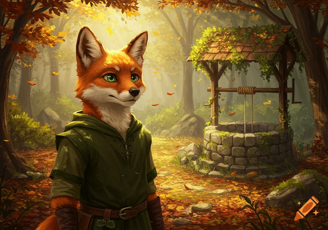 An anthropomorphic fox in a green tunic stands in an autumn forest next to a stone well, digital art.