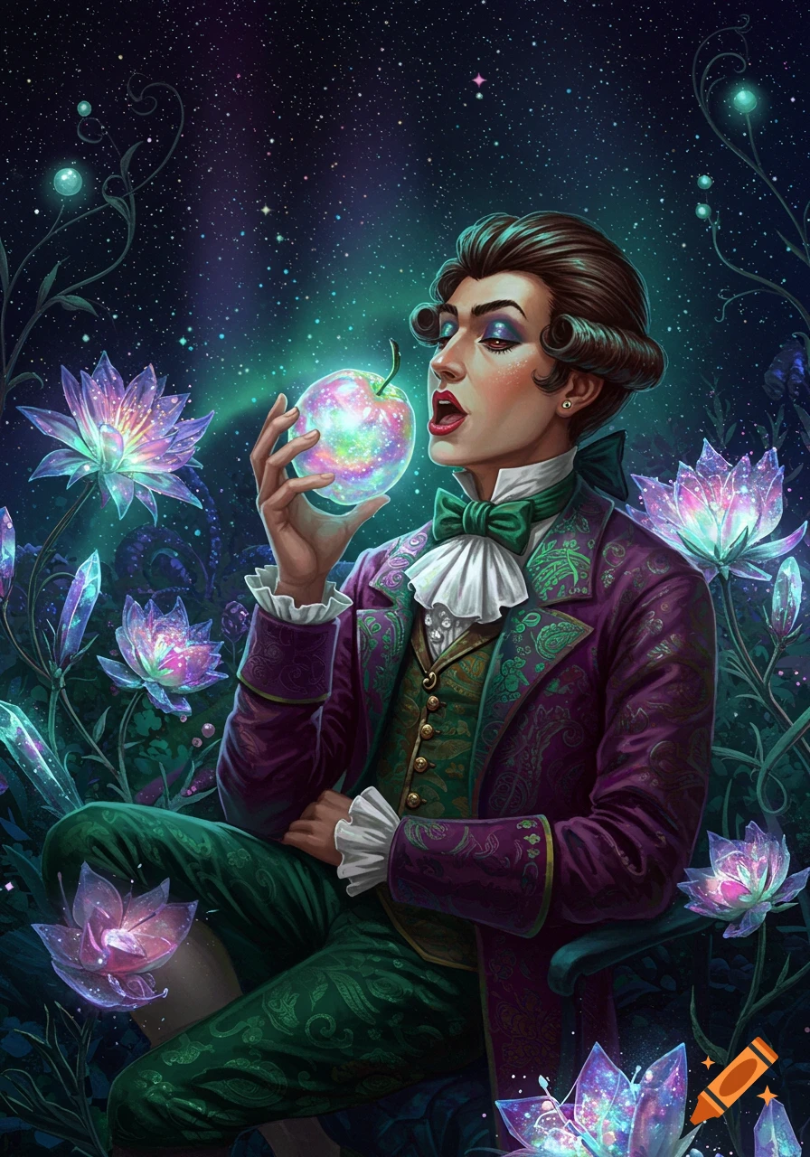 A dandy in a purple suit holds a glowing magical apple amidst luminous lotus flowers in a mystical, star-filled garden. Fantasy illustration.