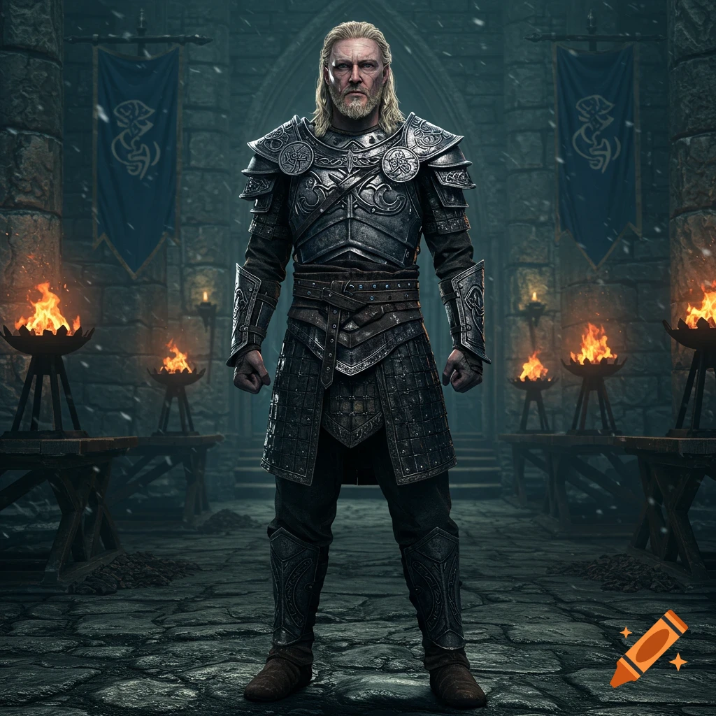 A photorealistic depiction of a blonde, bearded warrior in ornate medieval armor standing in a snowy stone castle with flaming braziers and banners.