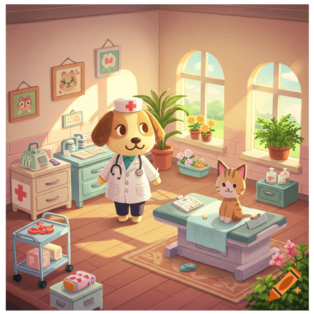 A cute cartoon dog doctor in a white coat stands in a sunny veterinary clinic with a cat patient on the examination table, in Animal Crossing style.