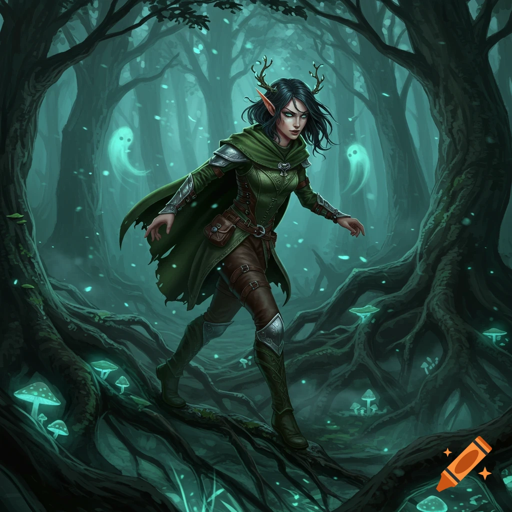 A determined female elf with antlers and green cloak strides through a dark, glowing fantasy forest with luminous mushrooms and roots.
