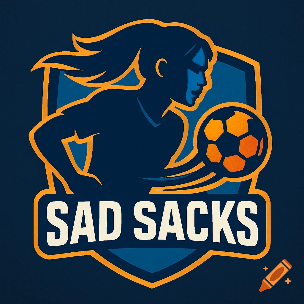 A team logo for 'SAD SACKS' featuring a blue and orange silhouette of a female soccer player kicking a ball within a shield.