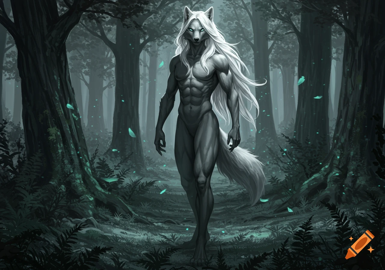 A muscular, white-haired anthropomorphic wolf stands in a dark, misty forest with glowing blue leaves.