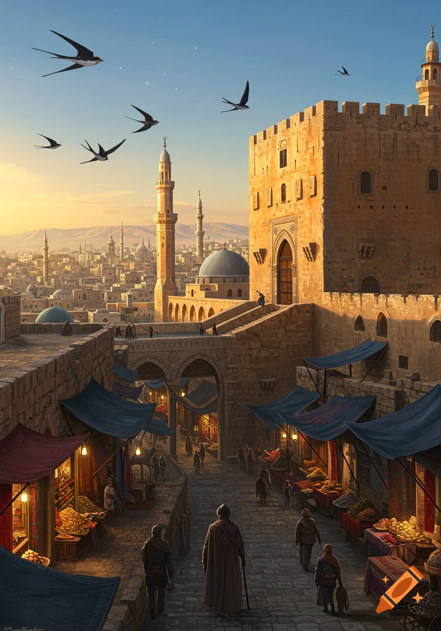 A bustling market street in an ancient Middle Eastern city at sunset, featuring a large stone fortress, minarets, and many people.
