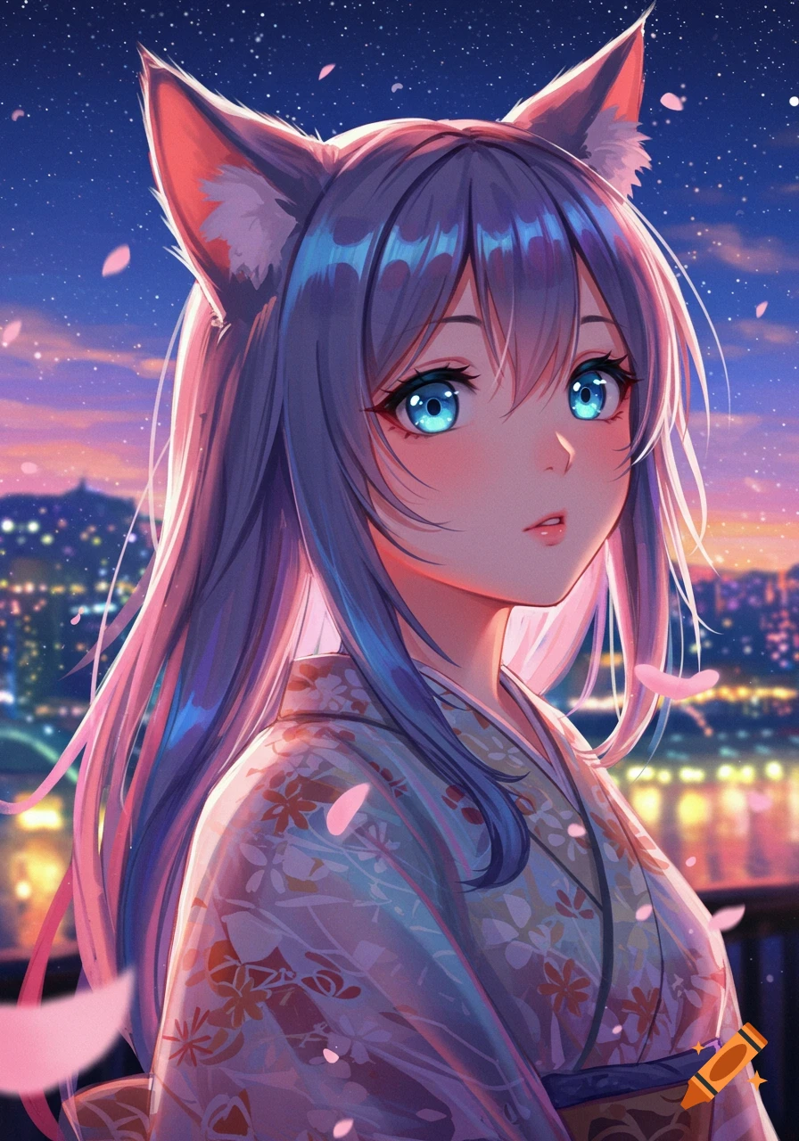 Anime catgirl with long purple hair and blue eyes, wearing a kimono against a vibrant city nightscape with falling petals.